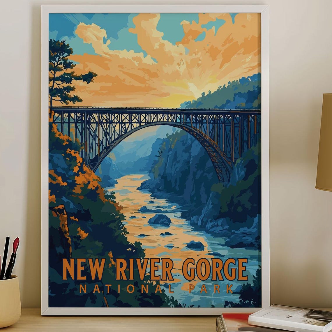 New River Gorge National Park Arched Bridge Sunset River Scenic Poster