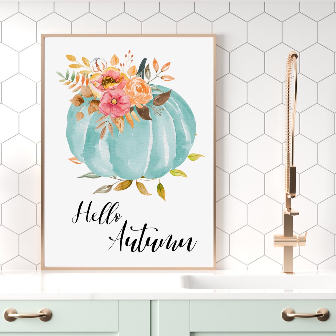 Hello Autumn Teal Watercolor Pumpkin Floral Fall Botanical Poster
