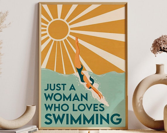 Vintage Swimming Girl Art Print, Poolside Decor