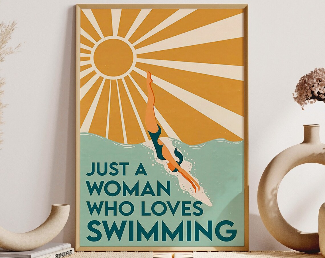Vintage Swimming Girl Art Print, Poolside Decor