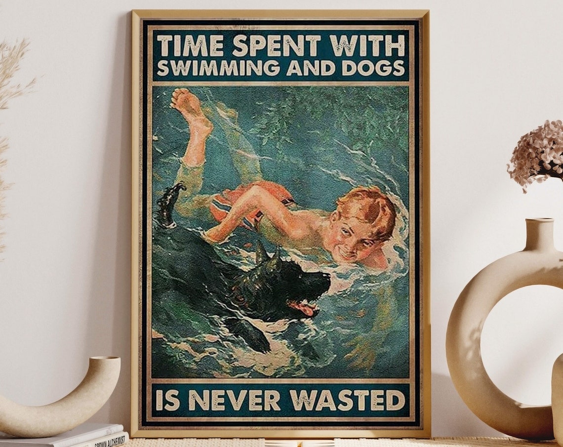 Swimming Boy With Dog Print Time Spent With Swimming And Dog Poster Vintage Swim Girl Wall Art Swimming Wall Decor Little Boy Swimming