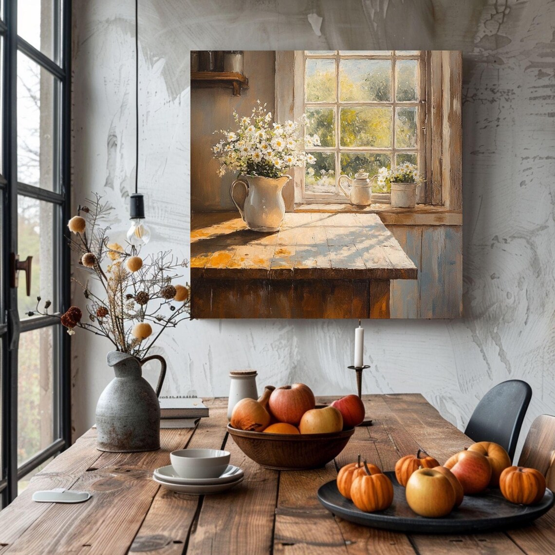 Rustic Farmhouse Kitchen, White Daisies Watercolor Art Print