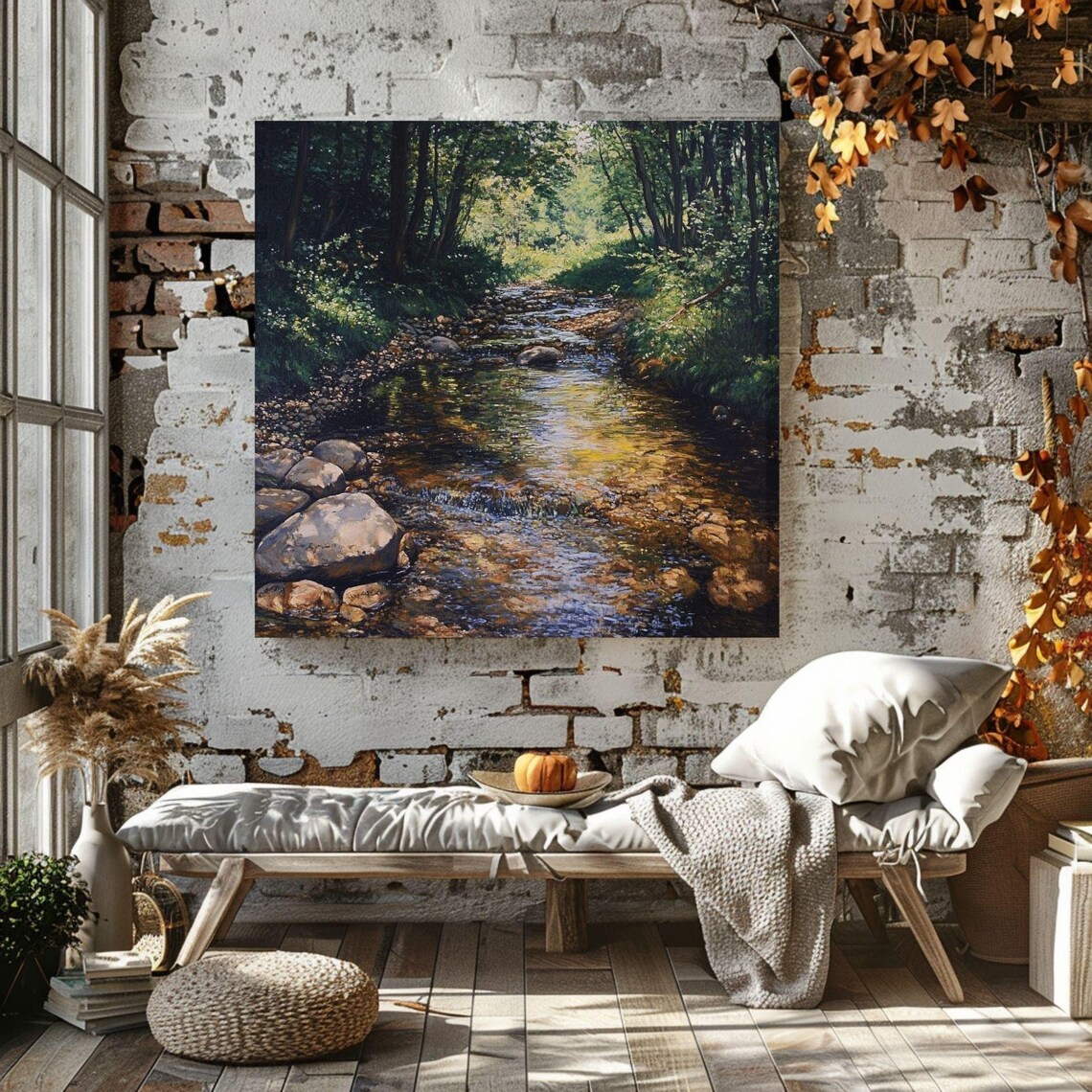 Spring Country Stream, Rustic Farmhouse Pastoral Scene