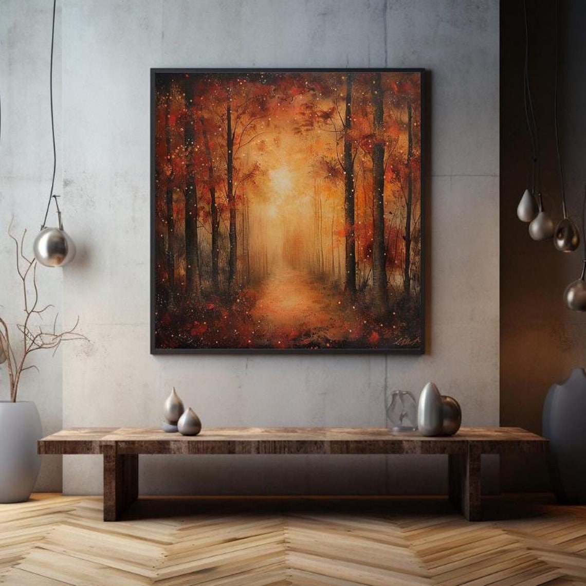 Mystical Autumn Forest Golden Light Path Red Fall Trees Wall Art