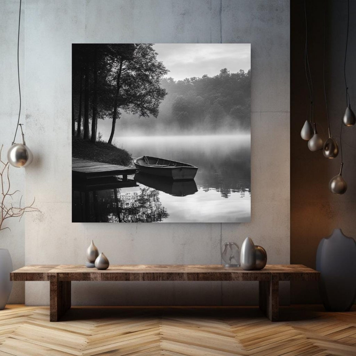 Monochrome Rowboat At Wooden Dock Misty Lake Dawn Forest Calm Poster