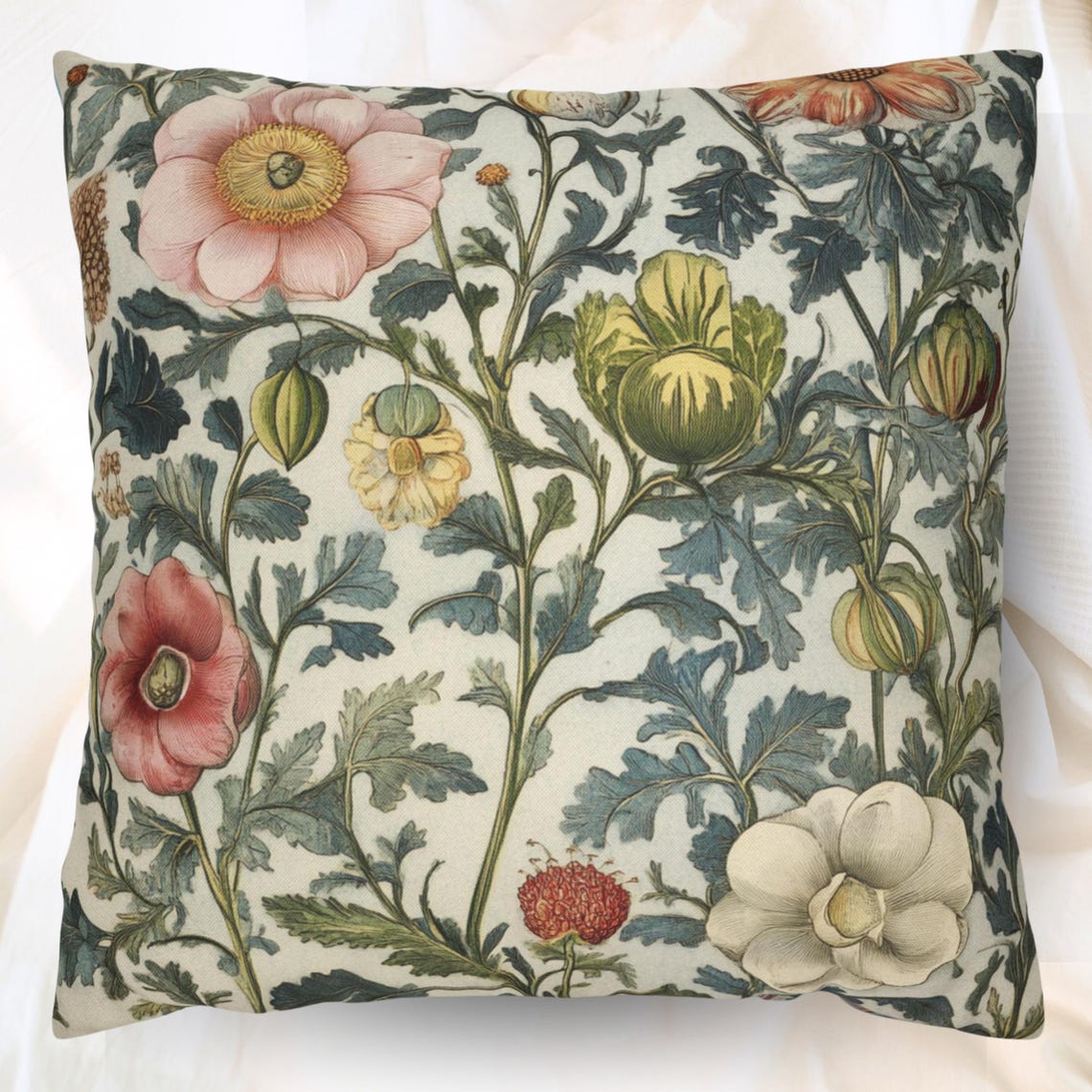 Victorian Floral Throw Pillow Pink Poppy Botanical Cushion Cover