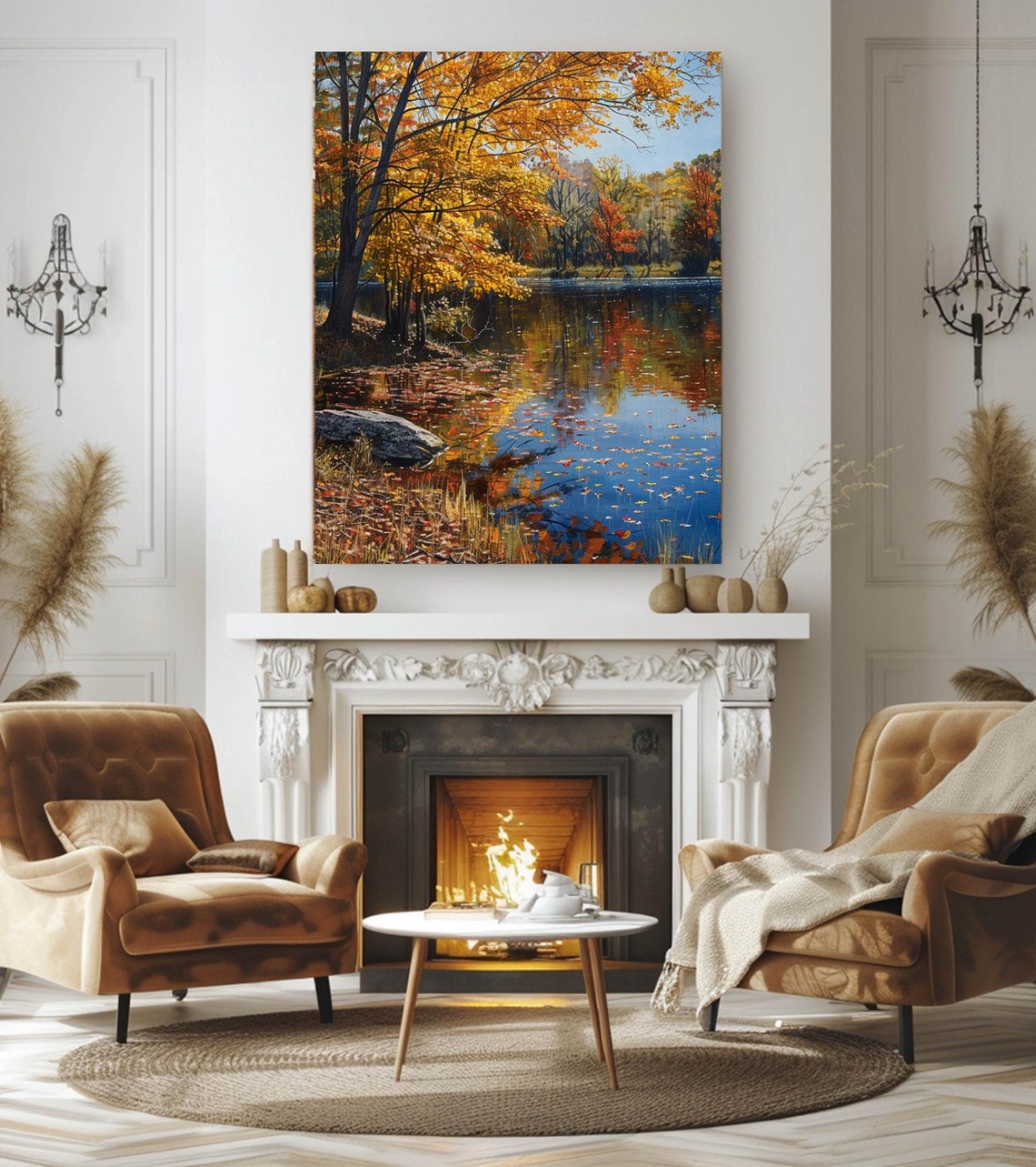 Autumn Pond Golden Foliage Reflection Tranquil Fall Lake Art Print