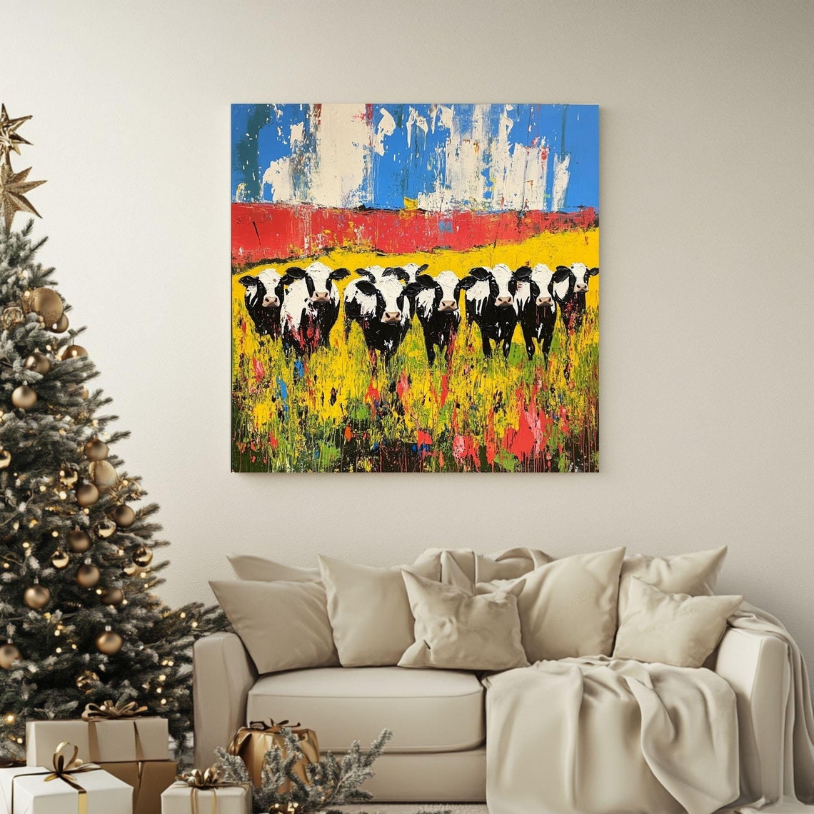 Herd Of Black And White Cows Yellow Meadow Abstract Farm Animal Poster