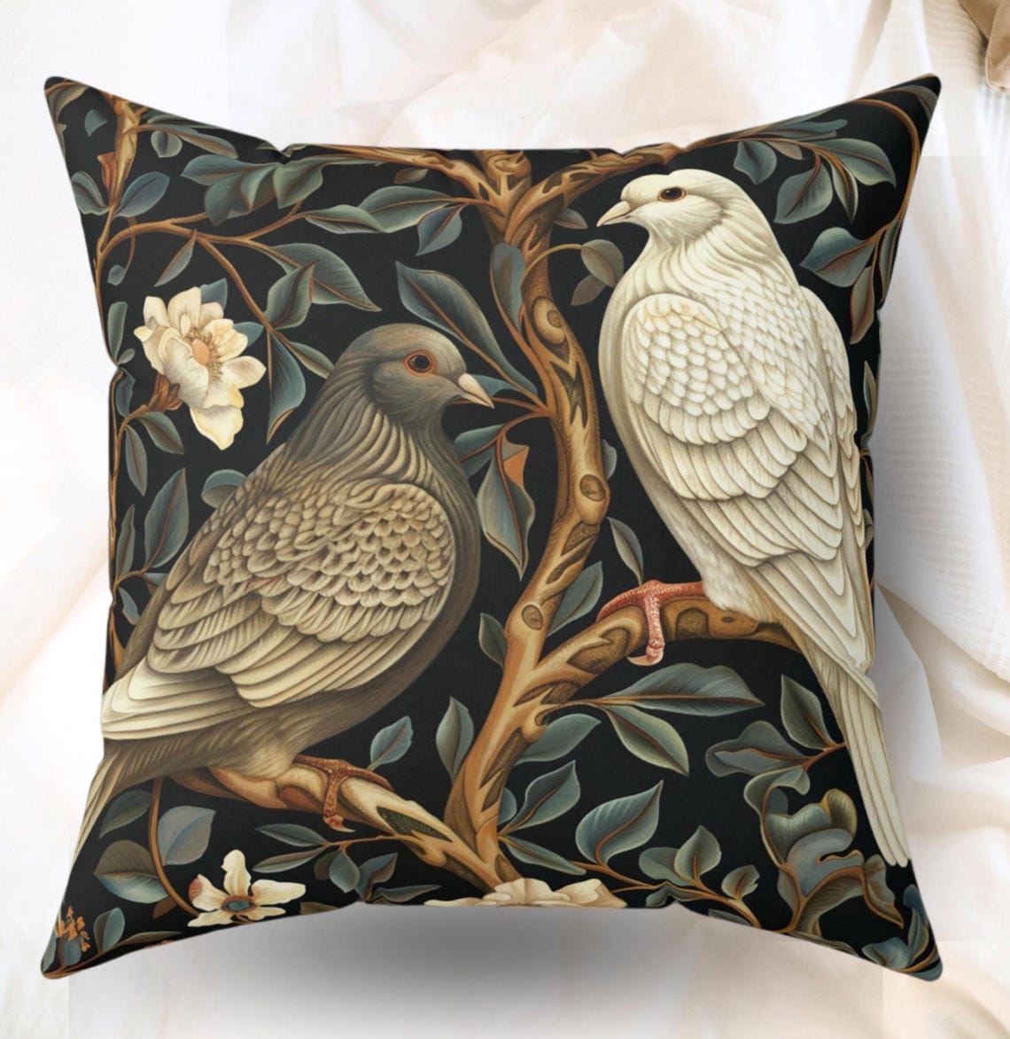 William Morris Inspired Doves Throw Pillow Dark Botanical Cover