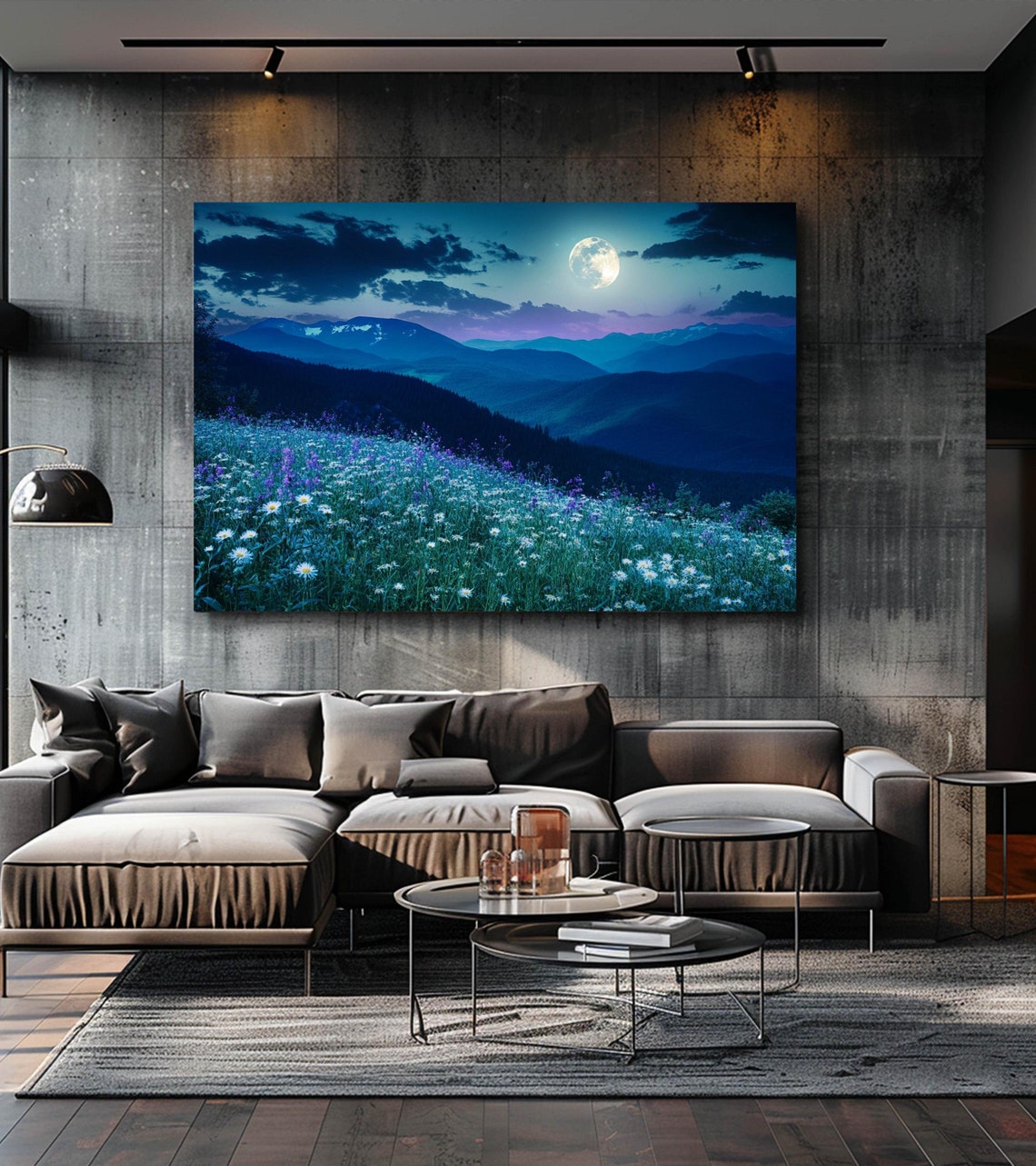 Moonlit Wildflower Field Mountain Night Full Moon Nature Poster