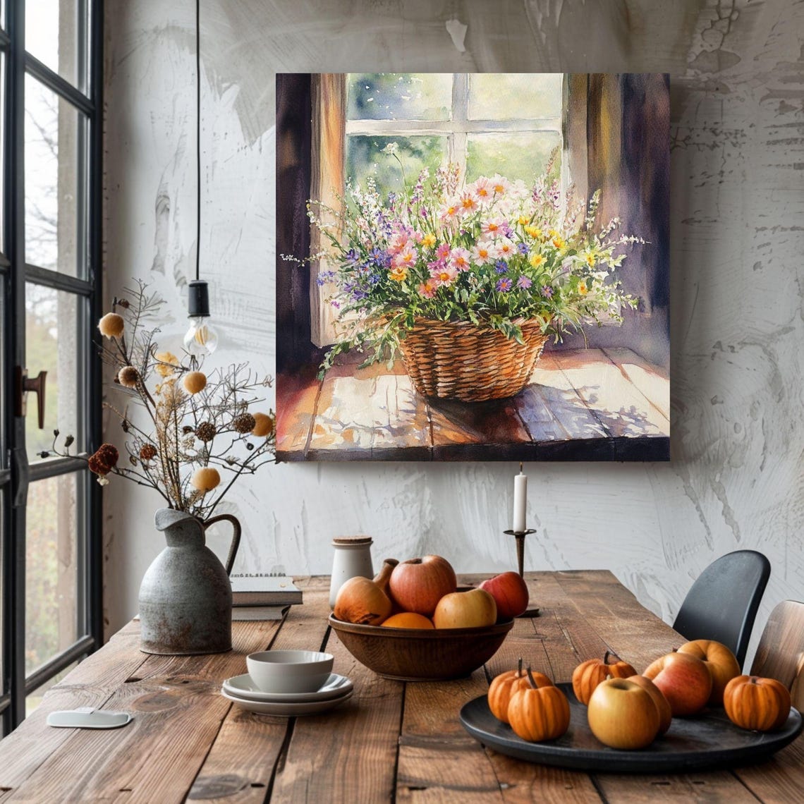 Basket Of Wildflowers Art Watercolor Inspired Floral Art Country Style Wall Art Still Life Wildflower Painting