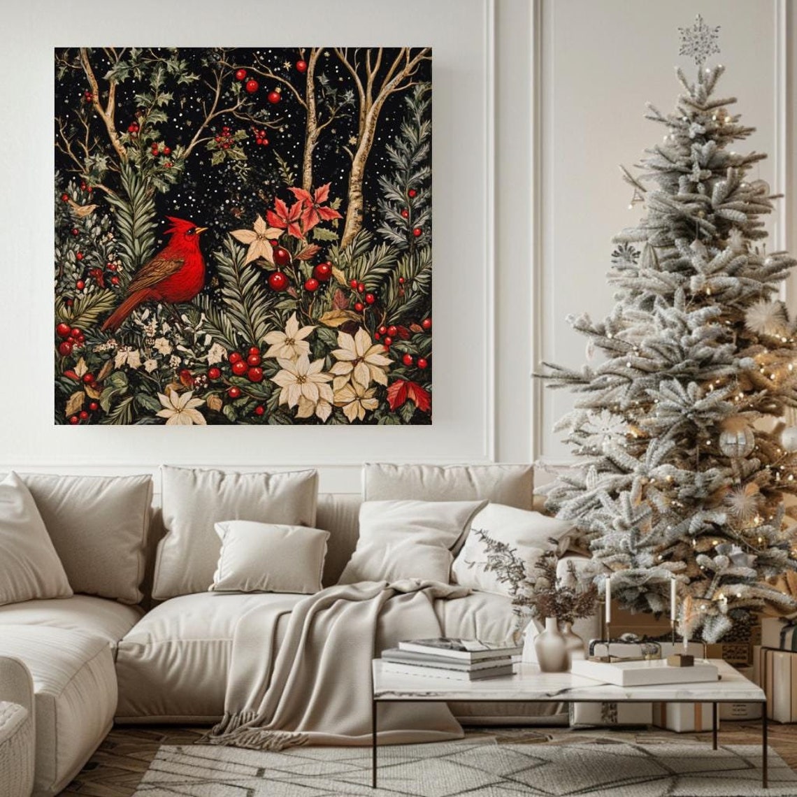 Red Cardinal Winter Botanical Poinsettia Berries Night Poster