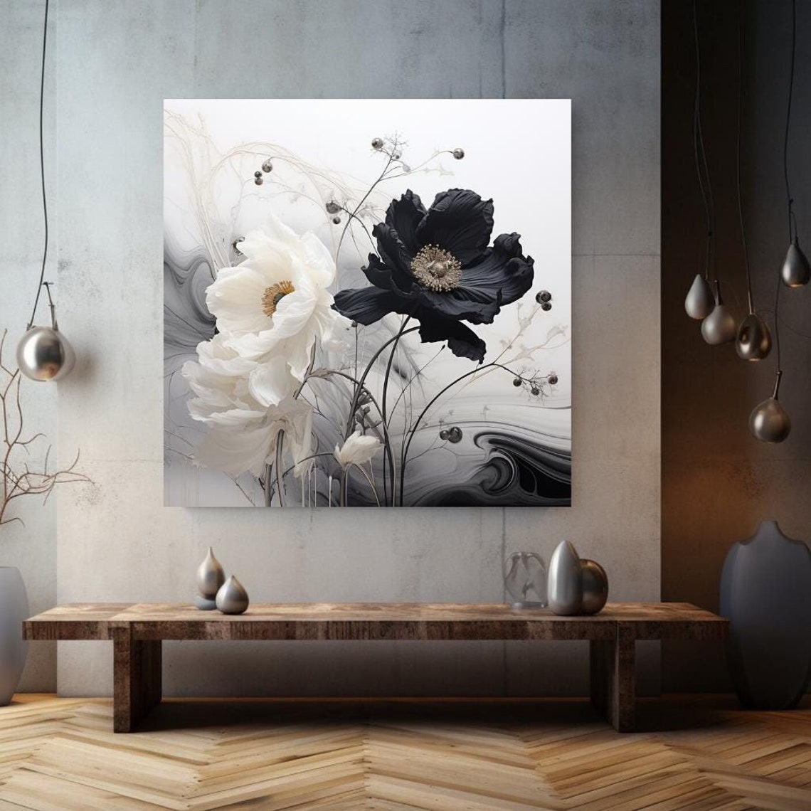 Muted Floral Abstract Black White Flowers Monochrome Boho Wall Print