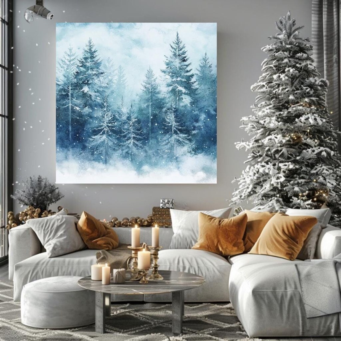 Blue Snowy Pine Forest Winter Watercolor Misty Tall Trees Poster