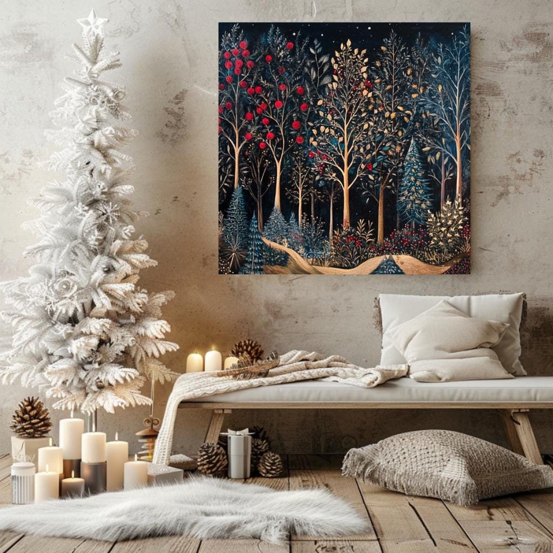 William Morris Inspired Festive Night Forest Red Berries Poster