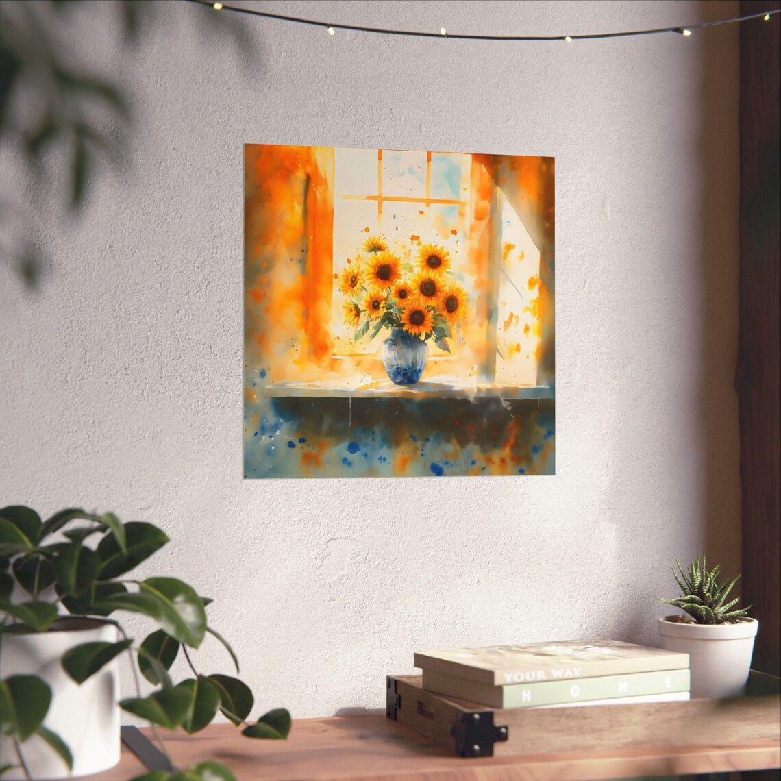 Sunflowers in Blue Vase Watercolor Floral Still Life Art Poster - Image 3