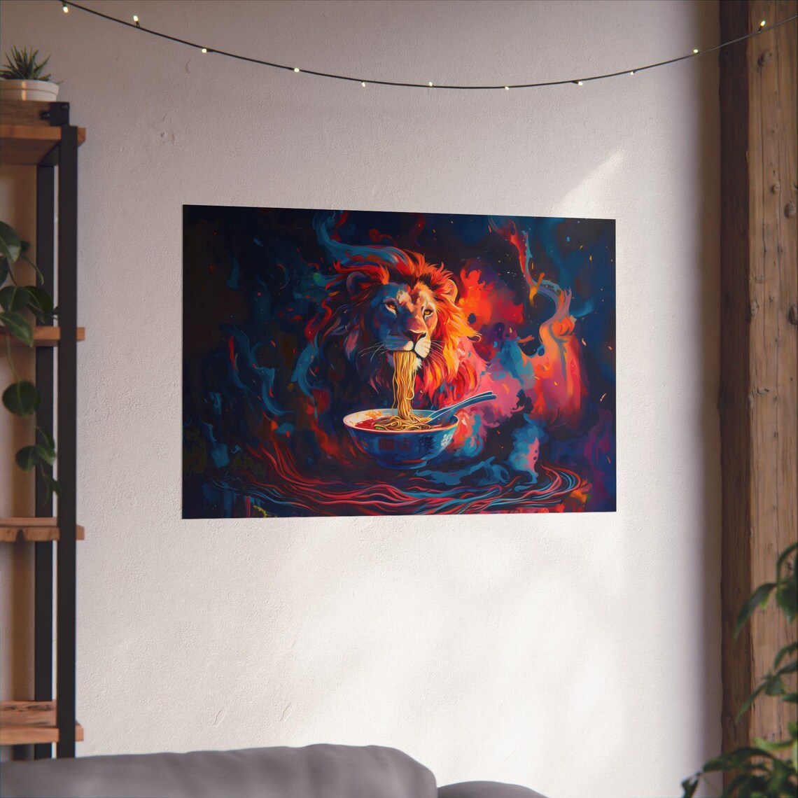 Majestic Lion Eating Ramen in Dark Fiery Abstract Art Poster - Image 3