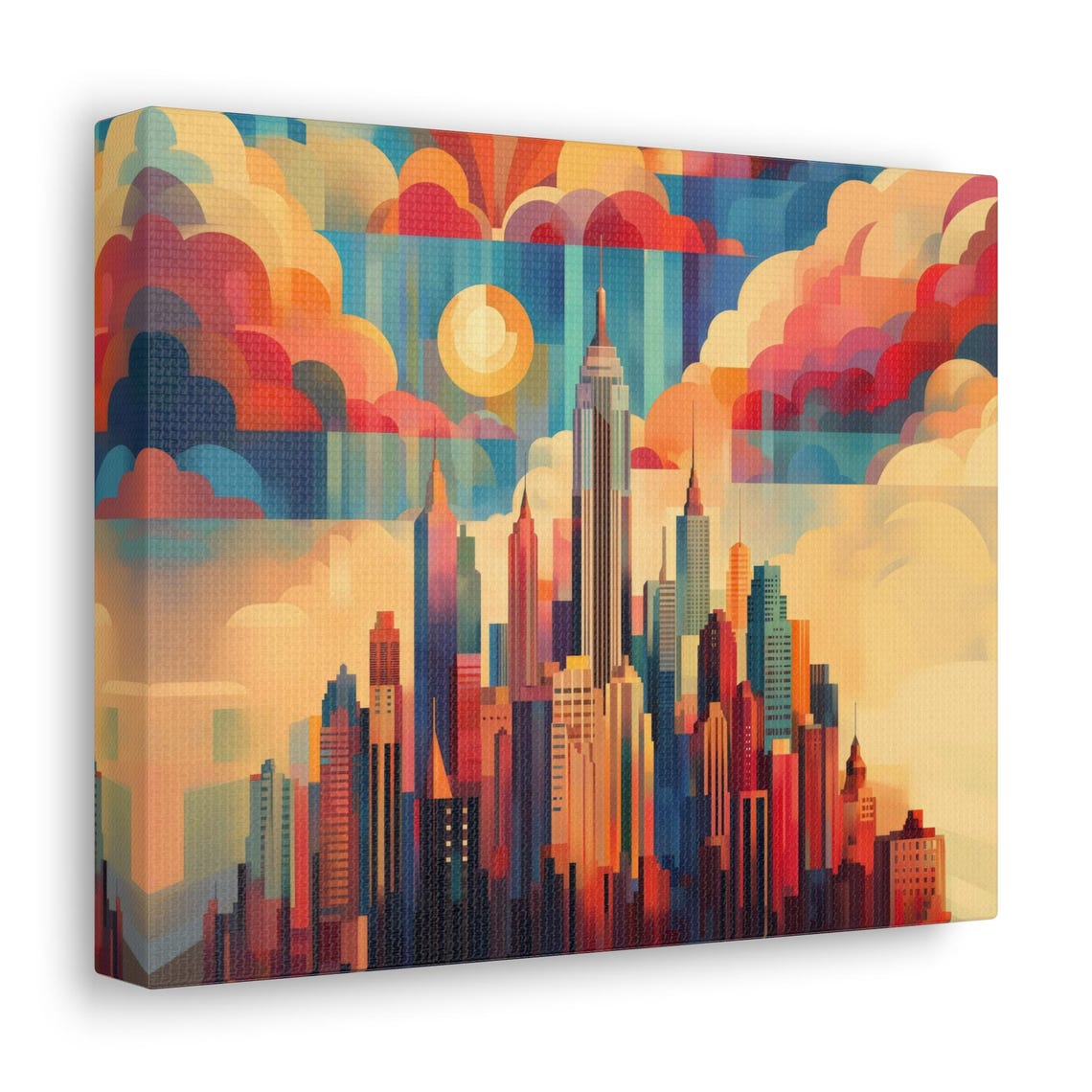 Bold Geometric Art Deco NYC Skyline With Sun And Clouds Wall Art - Image 2