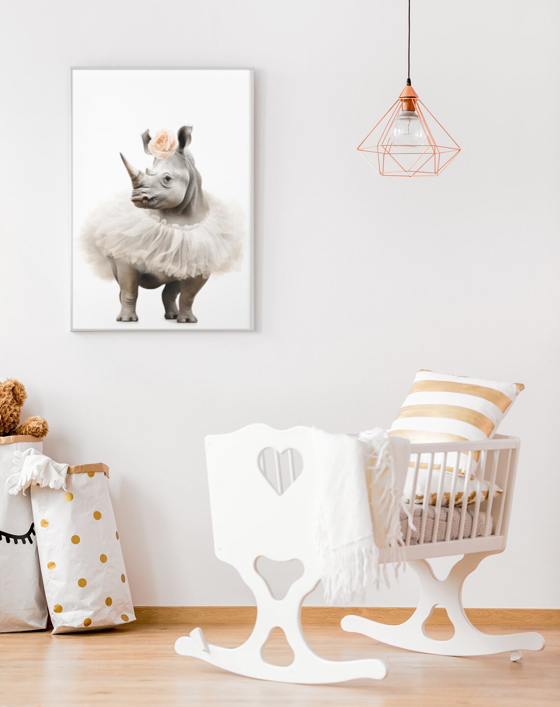 Baby Rhinoceros in White Tulle Tutu with Peach Rose Crown Poster - Image 2