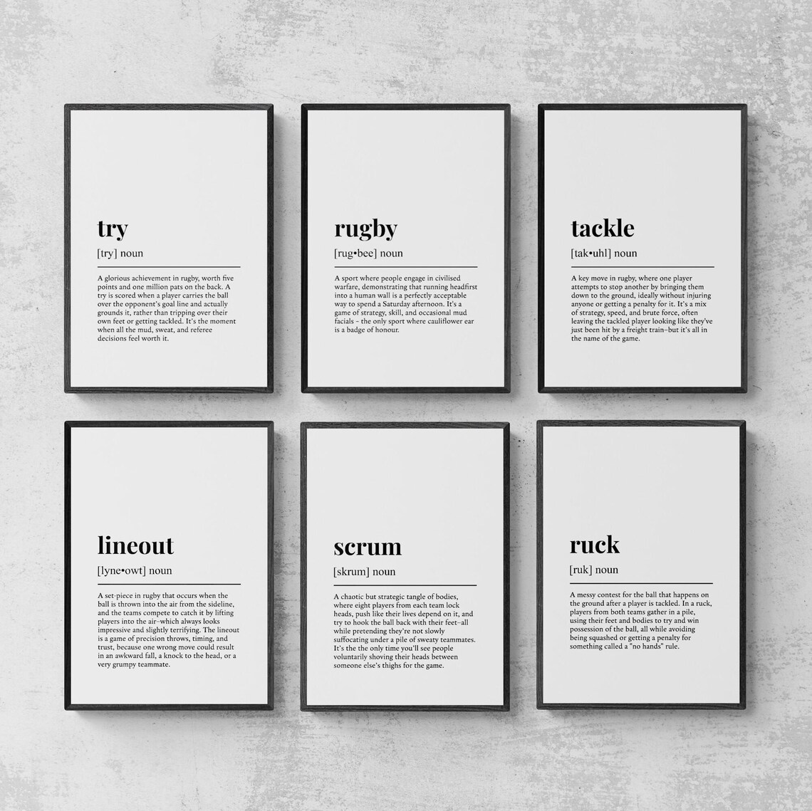Rugby Funny Definitions Set Of 6 Prints Sport Wall Decor