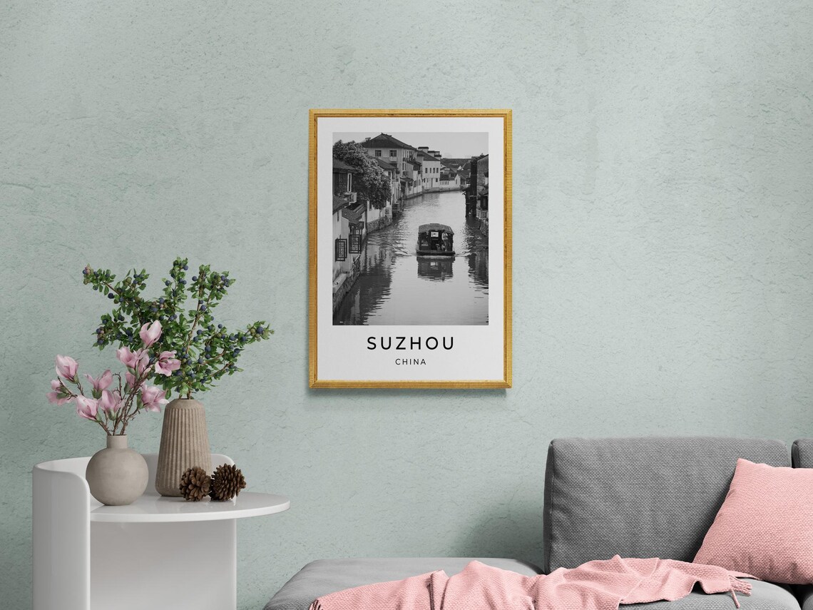 Suzhou China Ancient Water Town Canal Boat Black White Travel Poster - Image 2