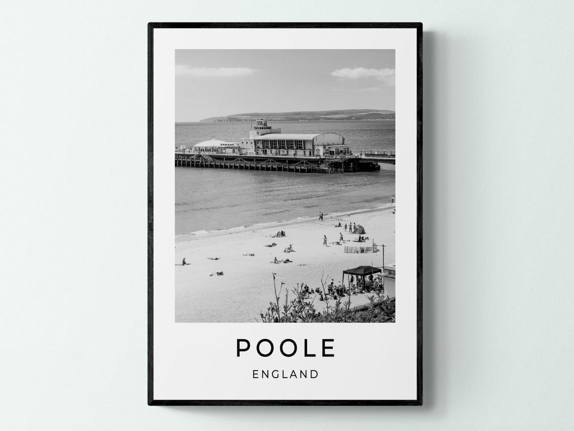 Poole England Beach Pier Sand And Sea Monochrome Travel Poster