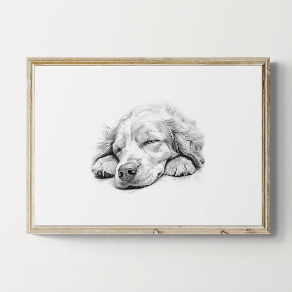 Sleeping Golden Retriever Pencil Sketch Vintage Farmhouse Dog Print