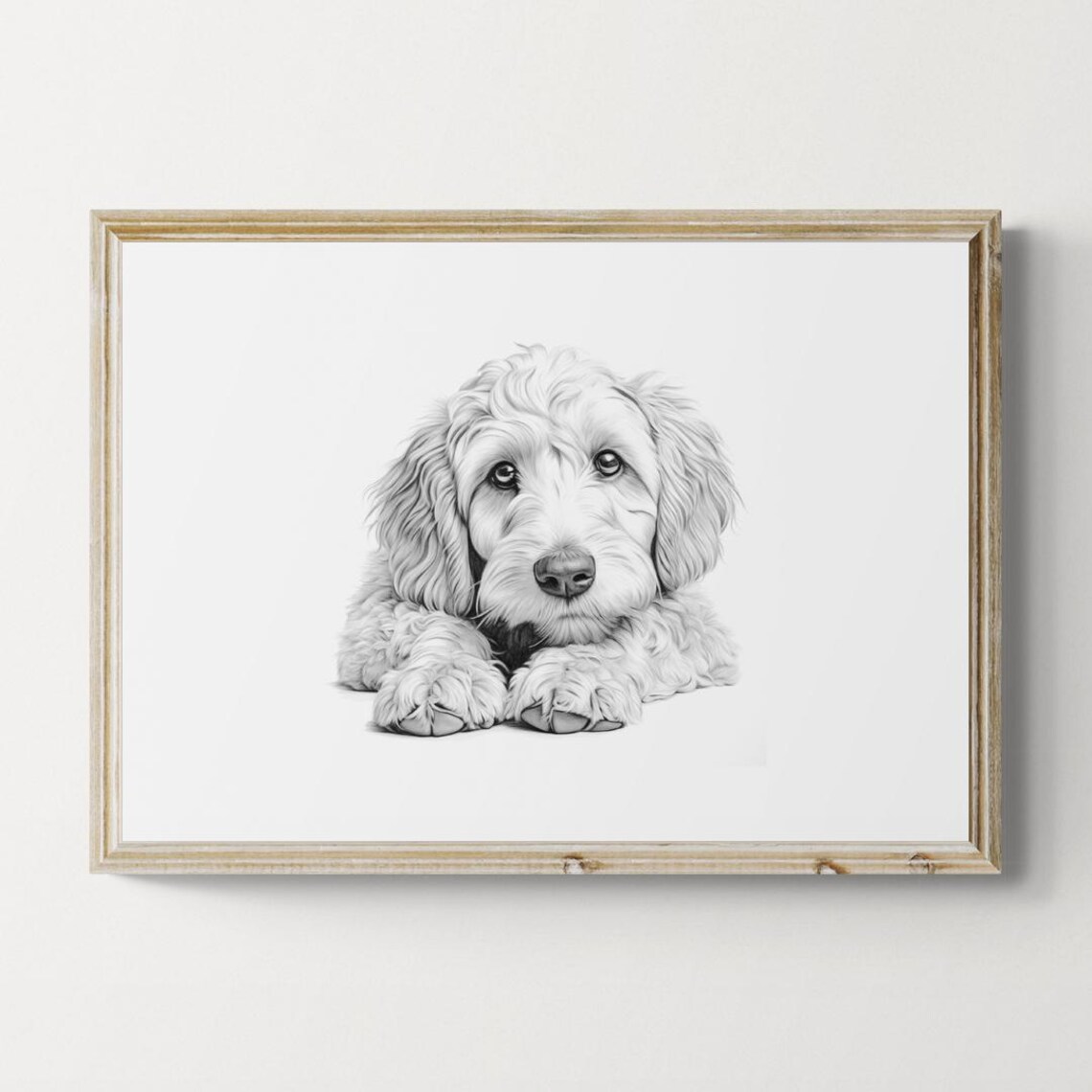 Goldendoodle Puppy Curly Golden Cross Pup Pencil Sketch Portrait Print