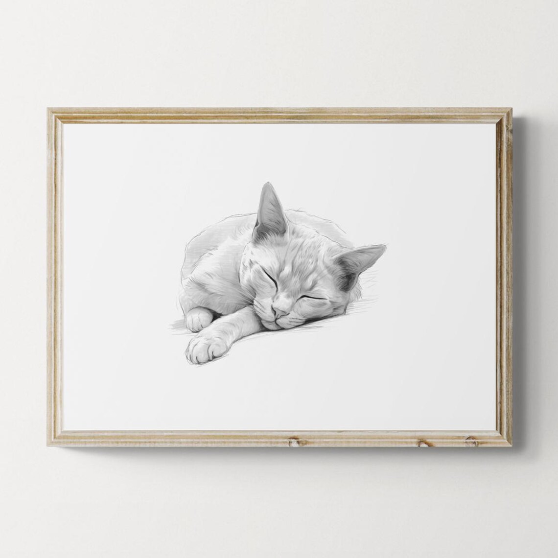 Sleeping Grey Cat Pencil Sketch Vintage Farmhouse Art Poster