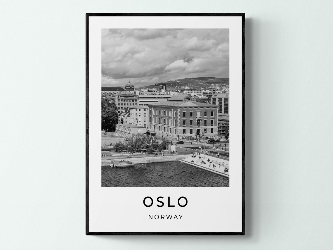 Oslo Norway Waterfront Harbor City Buildings Monochrome Travel Poster