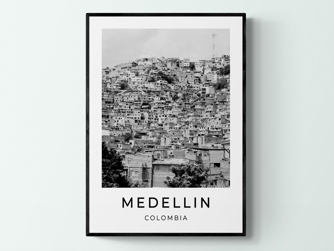 Medellin Colombia Hillside Homes Black And White Travel Poster