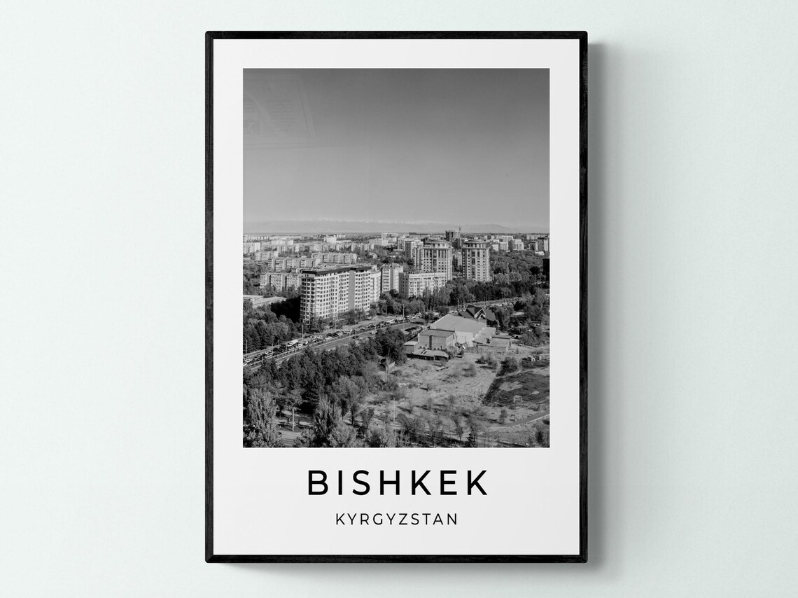 Bishkek Kyrgyzstan City Skyline Mountain Backdrop Monochrome Poster
