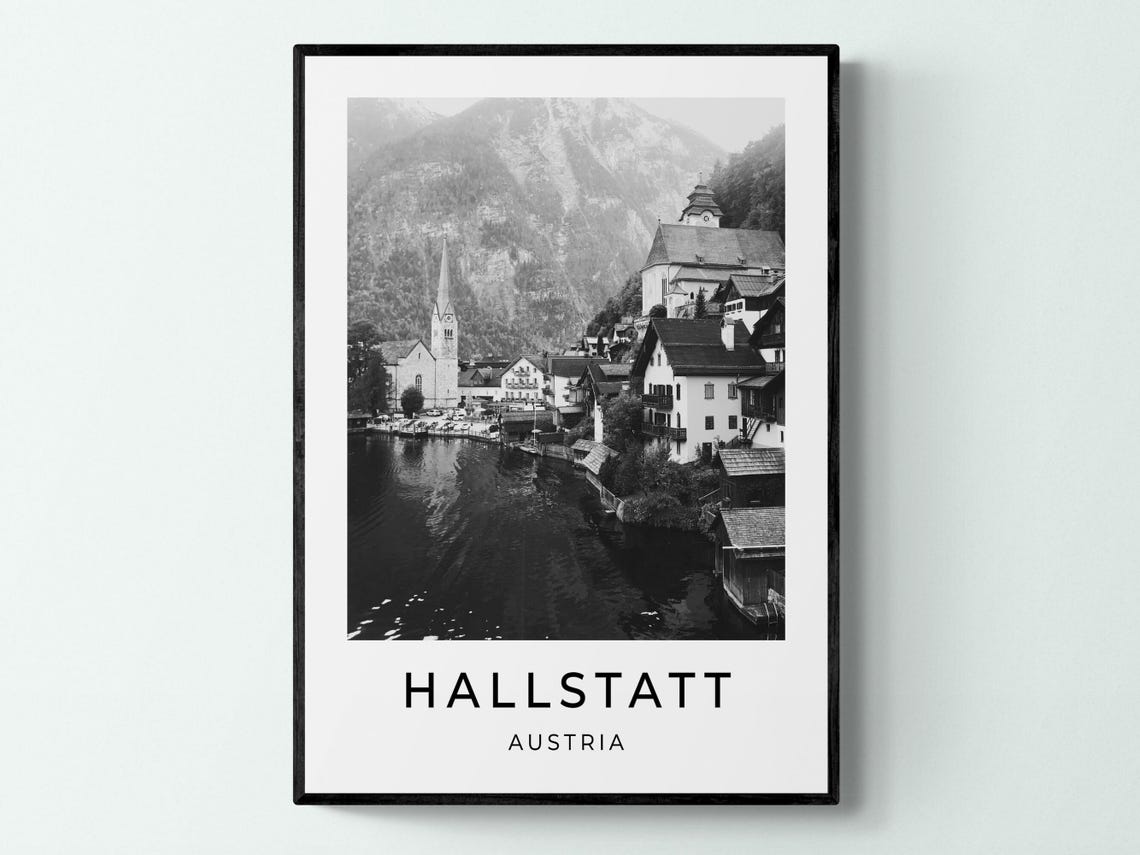 Hallstatt Austria Lakeside Village Church Mountain Black White Poster
