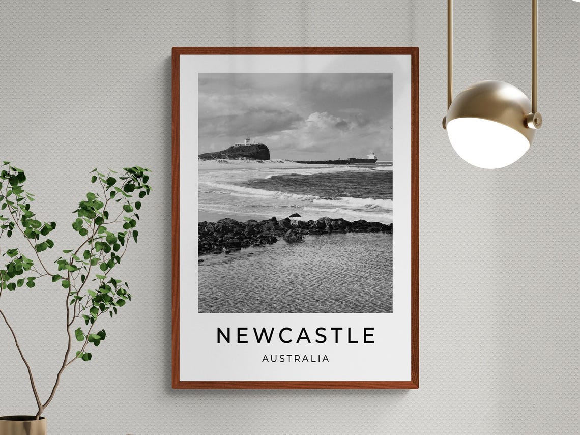Newcastle Australia Nobbys Lighthouse Beach Ocean Black White Poster - Image 3