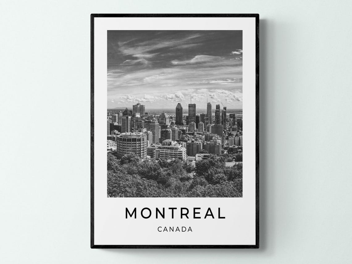 Montreal Canada Downtown Skyline Mount Royal Black White Travel Poster
