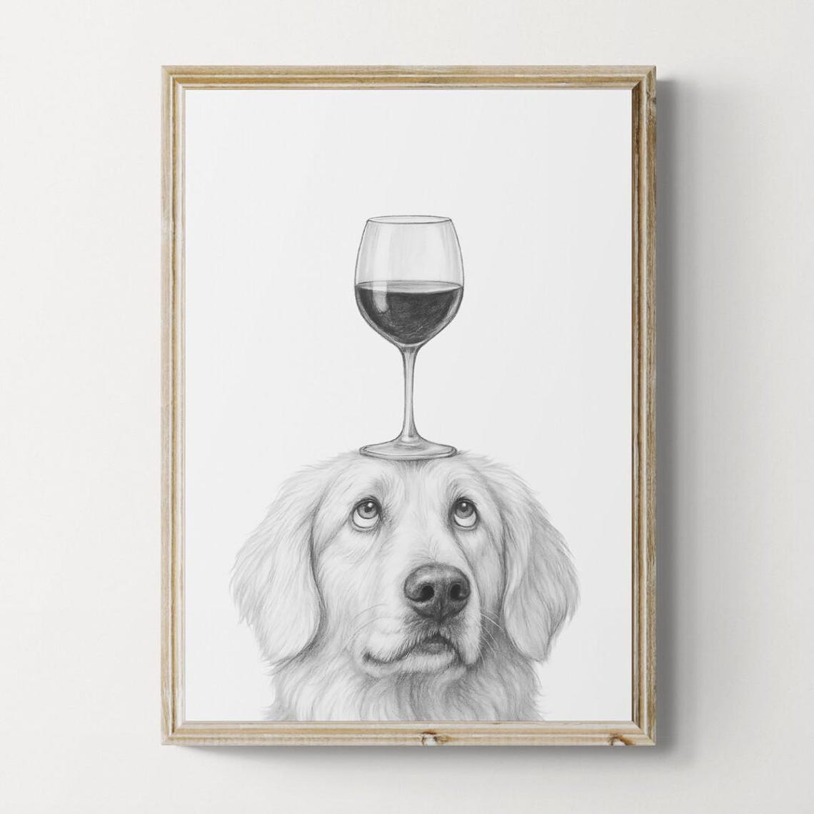 Great Pyrenees Balancing Red Wine Glass Whimsical Dog Sketch Poster