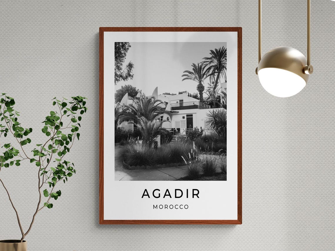 Agadir Morocco White Villa Palm Garden Black White Travel Poster - Image 3