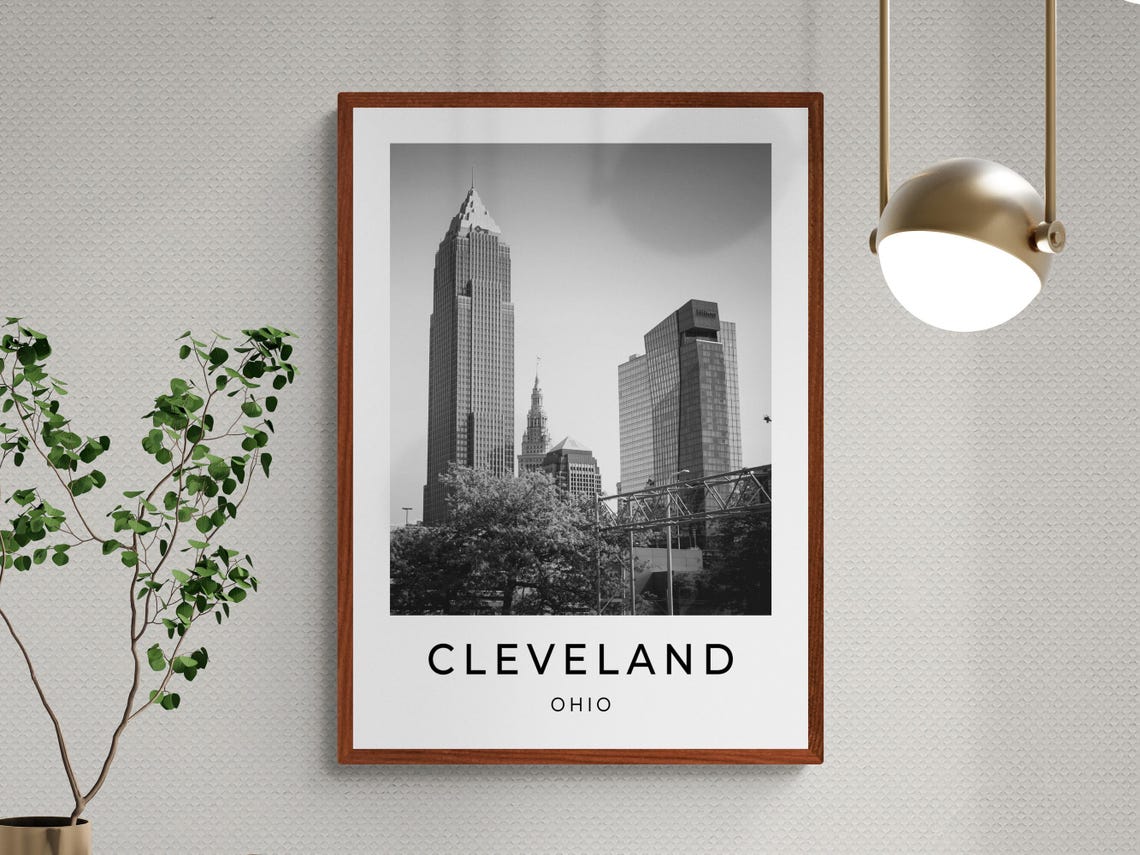 Cleveland Ohio Downtown Key Tower Skyline Monochrome Travel Poster - Image 3