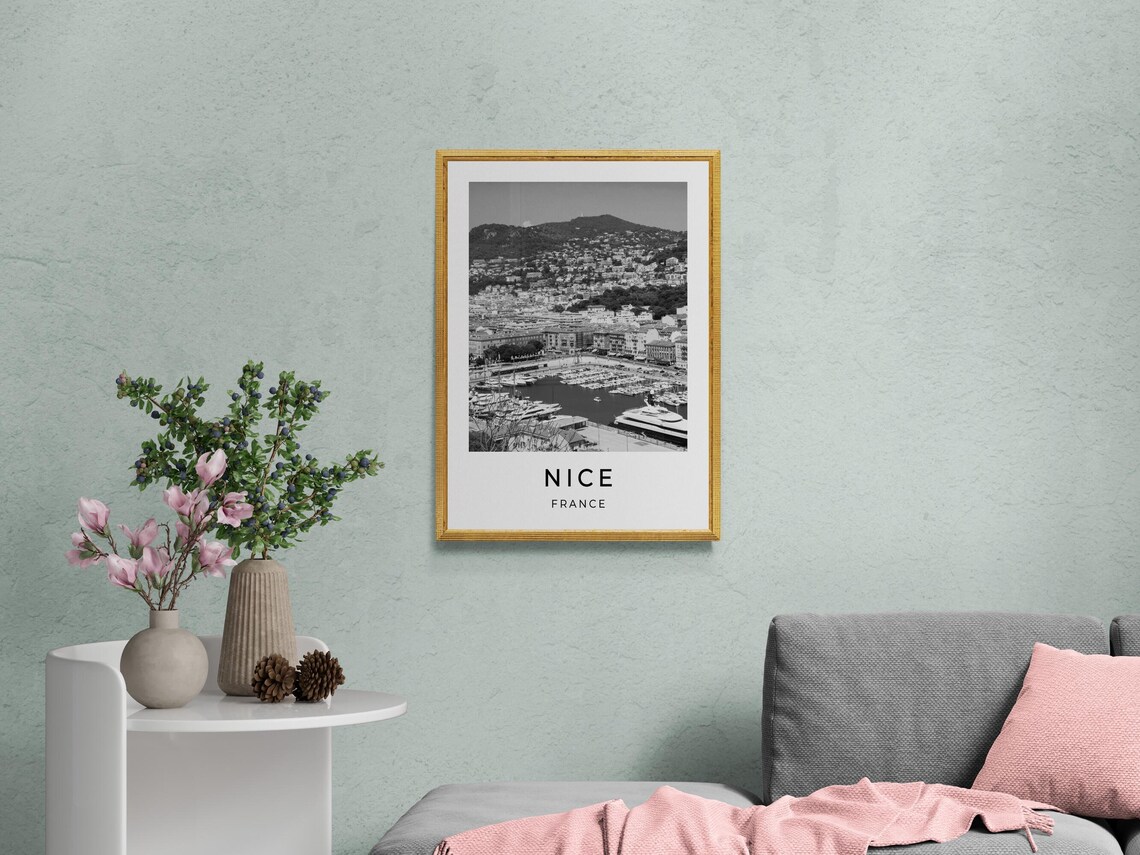 Nice France Riviera Harbor Black and White Minimalist Travel Poster