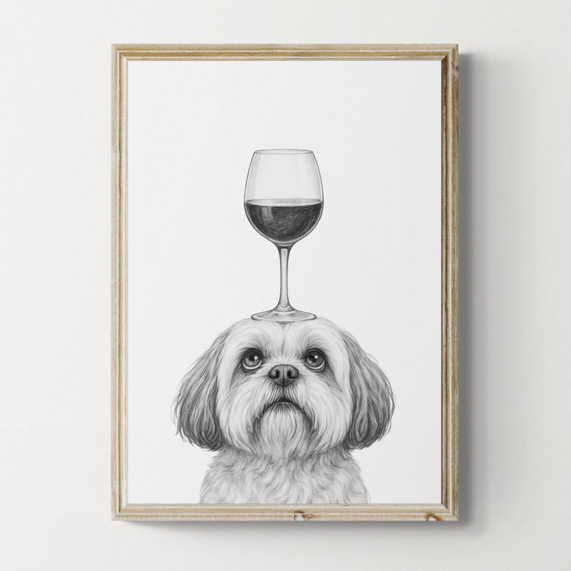 Shih Tzu Dog Funny Wine Drawing Art Print