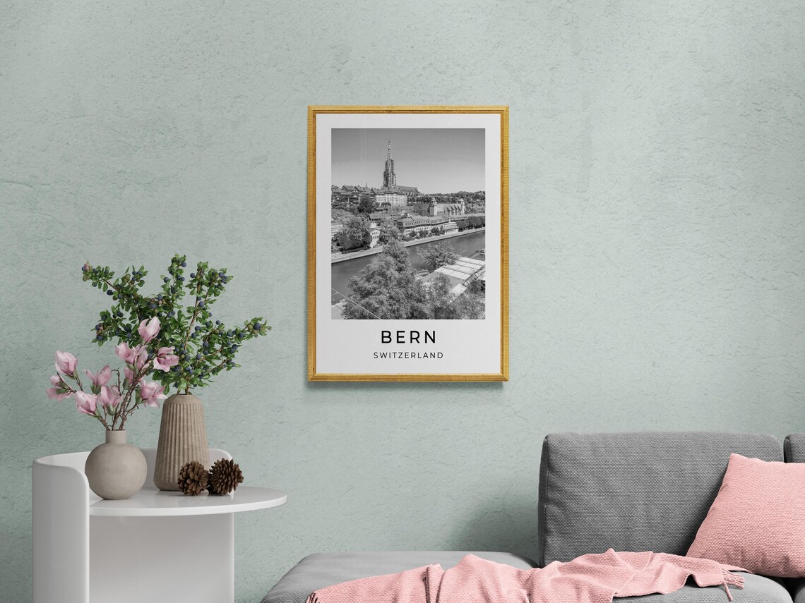 Bern Switzerland Cathedral Spire Aare River Black White Travel Poster - Image 2