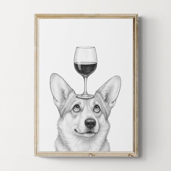 Corgi Dog Art Print Funny And Wine Drawing Lover Wall Decor Lovers Gifts
