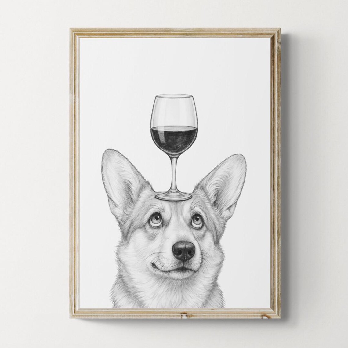 Corgi Dog Balancing Red Wine Glass On Head Cute Sketch Poster
