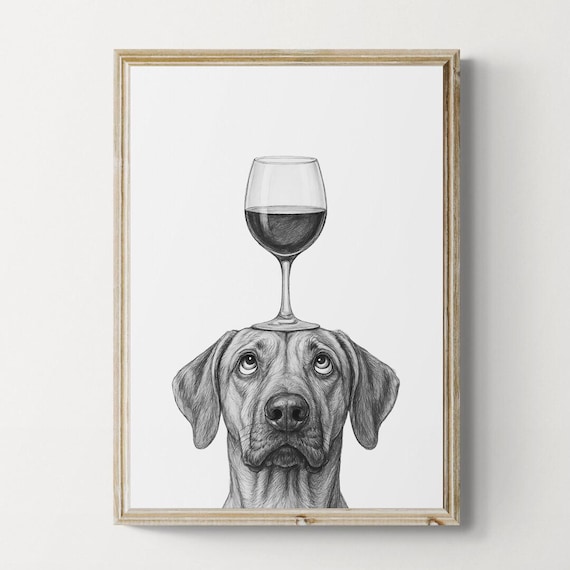 Rhodesian Ridgeback Dog Art Print Funny And Wine Drawing Lover Wall Decor Lovers Gifts