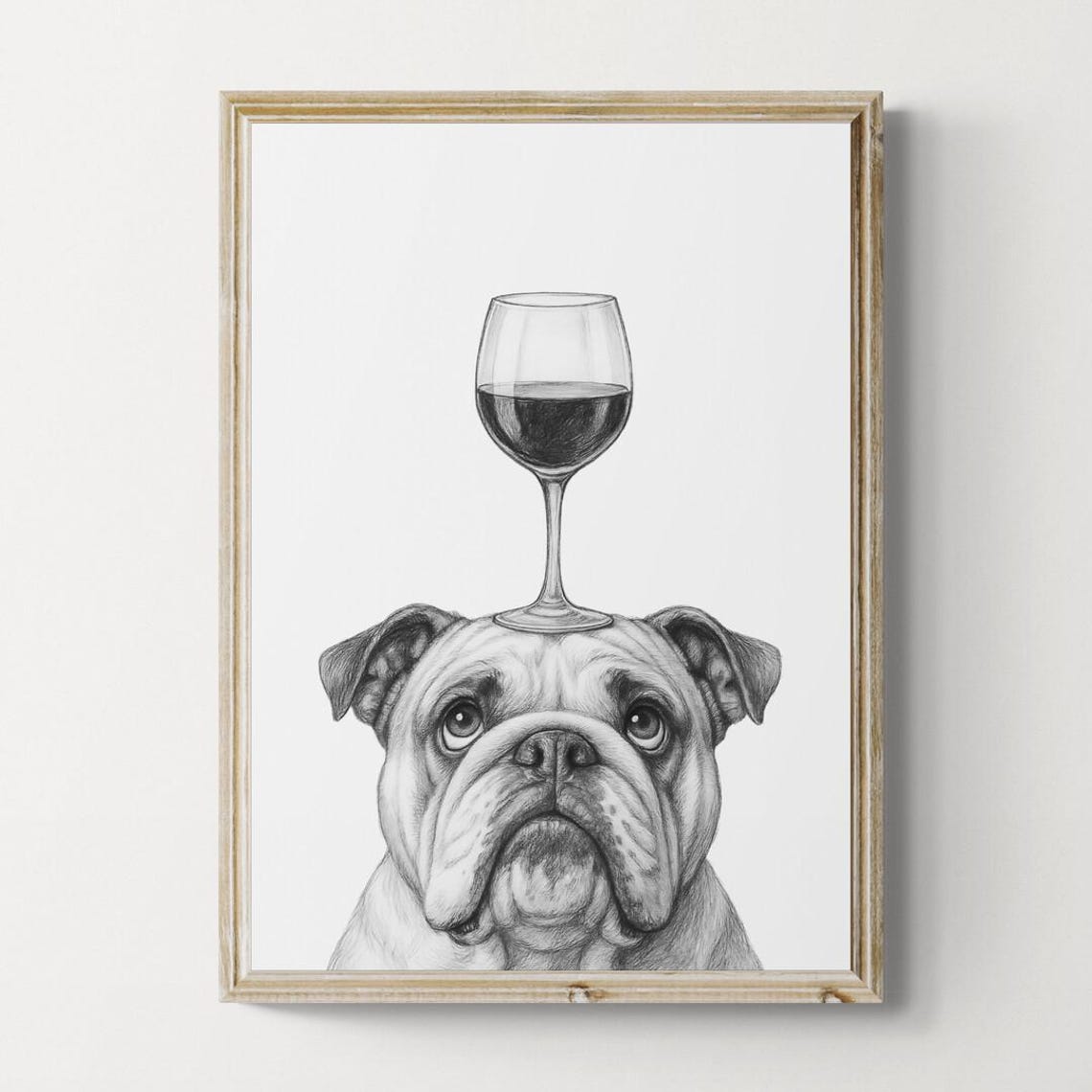 British Bulldog Balancing Wine Glass on Head Funny Sketch Poster