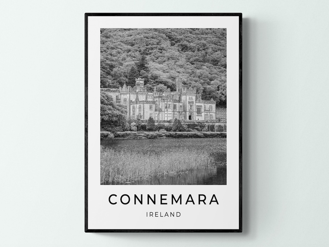 Connemara Ireland Kylemore Abbey Lake Black And White Travel Poster