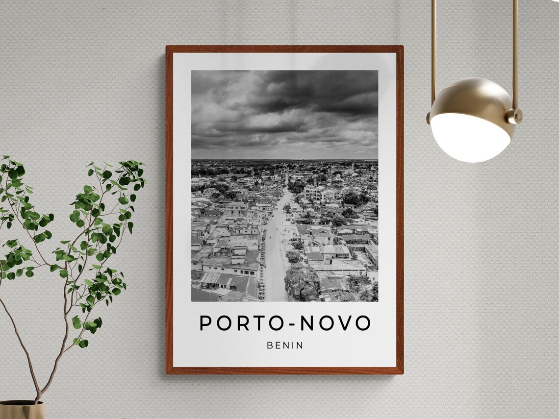 Porto-Novo Benin Aerial Street View Dramatic Clouds Black White Poster - Image 3