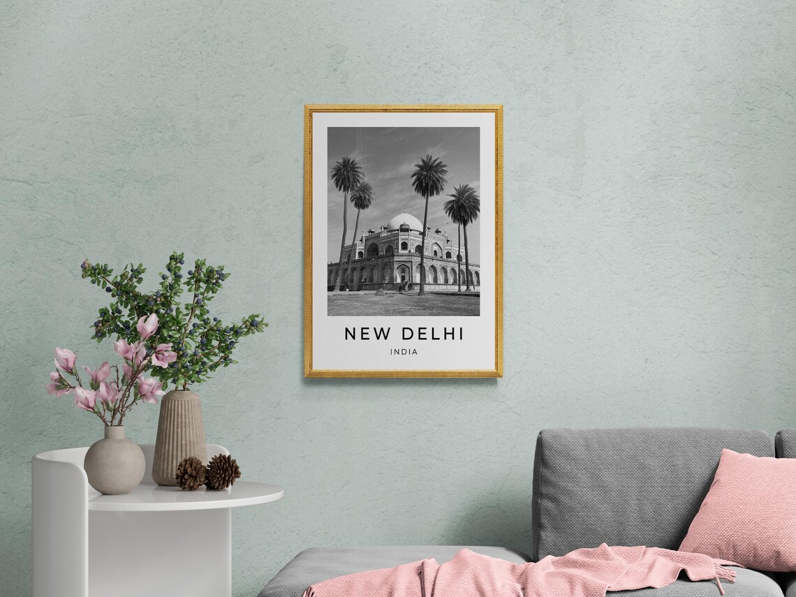 New Delhi India Humayun's Tomb Palm Trees Monochrome Travel Poster - Image 2