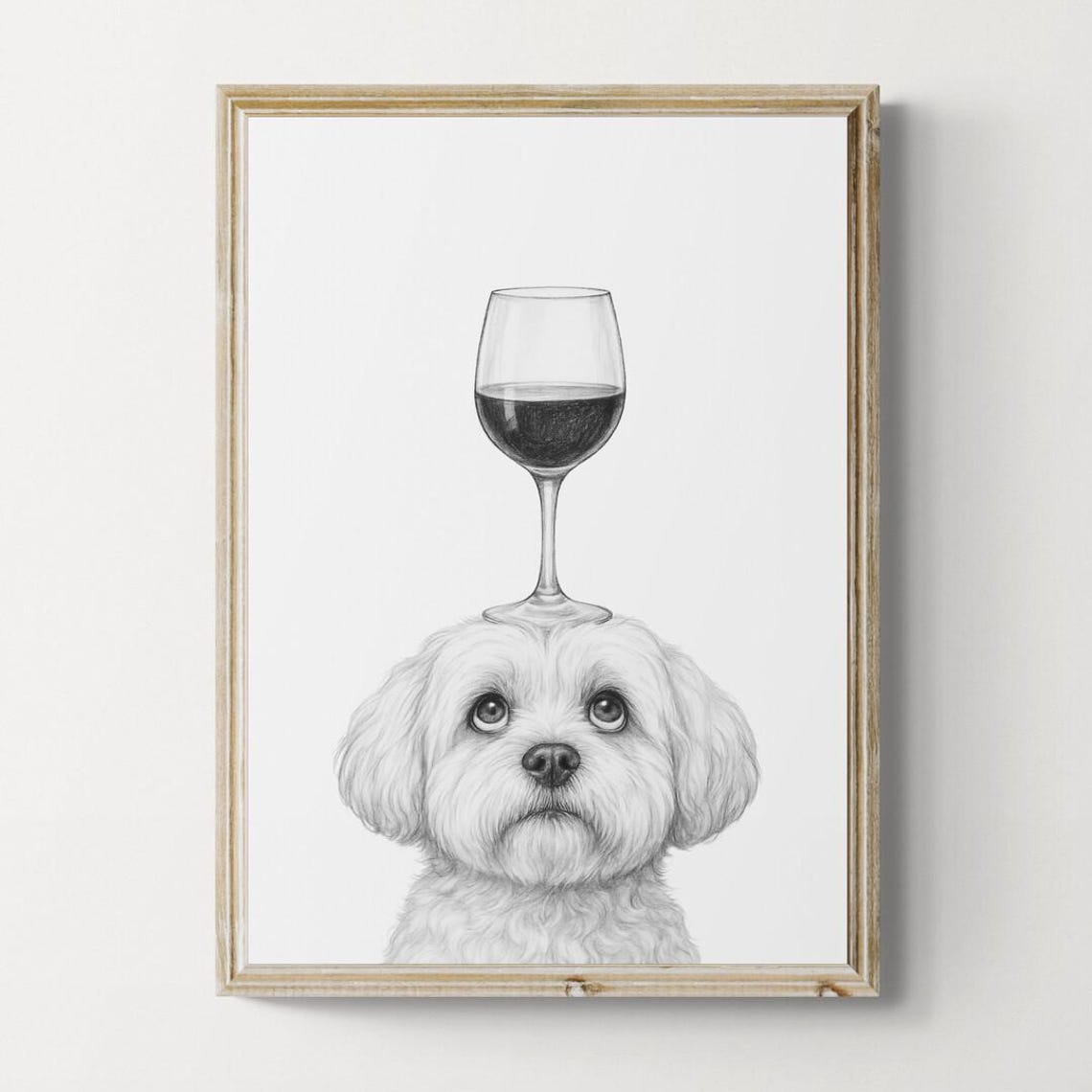 Cavachon Dog Balancing Wine Glass Cute Funny Pencil Sketch Poster