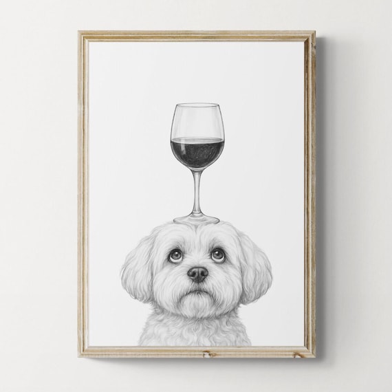 Cavachon Dog Art Print Funny And Wine Drawing Lover Wall Decor Lovers Gifts